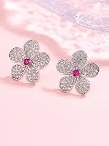 Simulated Gem Sakura Stud Earrings, Microset Rose Zircon, Elegant Cute Women's Jewelry, Daily Commute Wear, Includes Gift Box