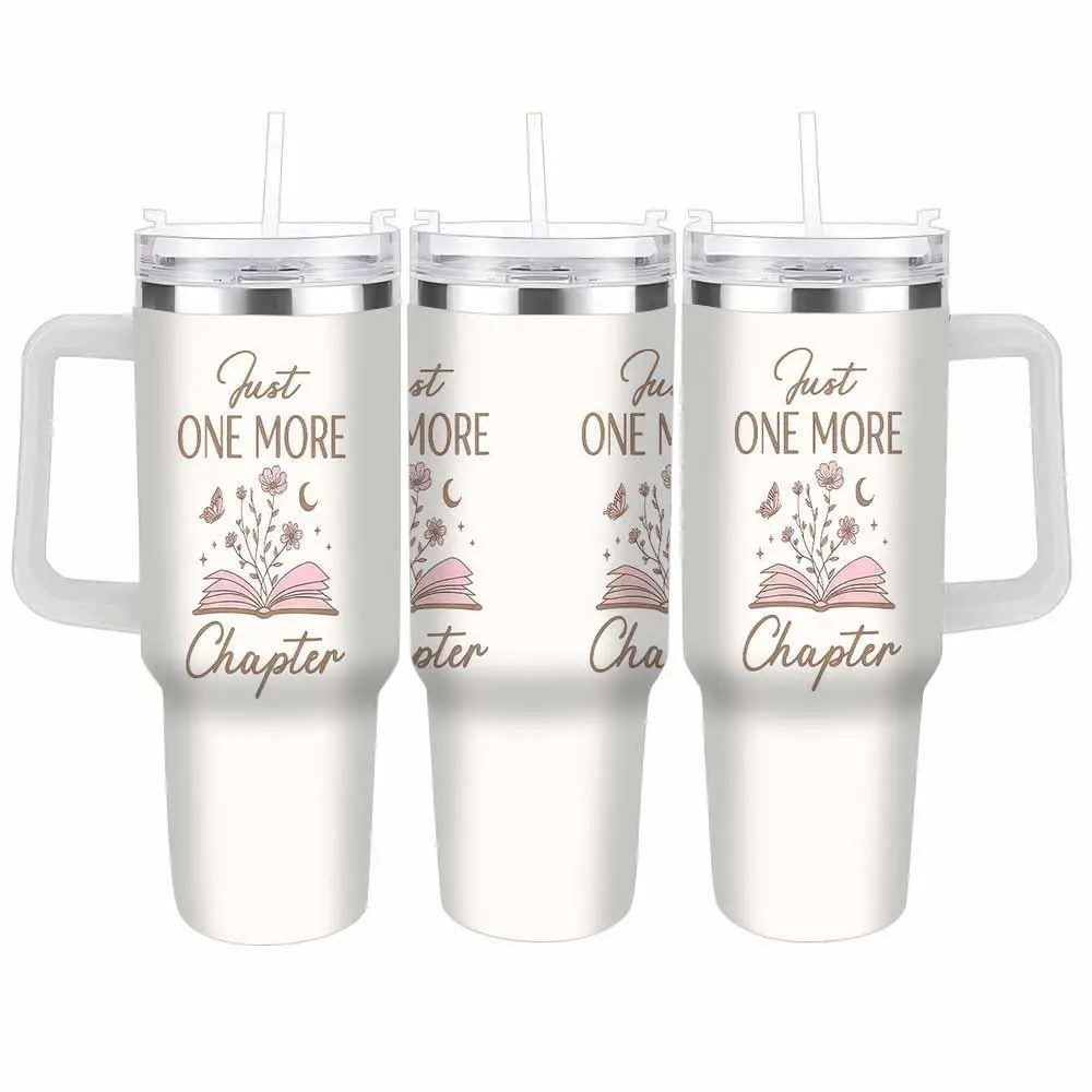 Book Lover Stainless Steel Tumbler Flask - 20oz/30oz/40oz Floral Moon Butterfly Print Drinkware, Double Wall Insulation, Leakproof Lid, Straw Included, Ideal for Reading Nights, Book Club Gifts