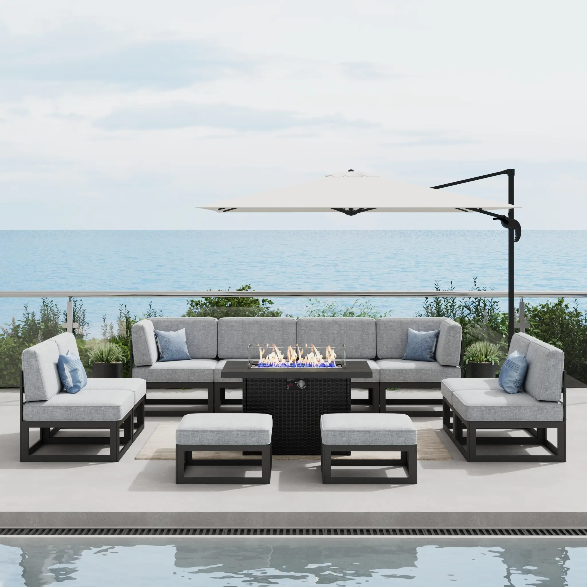 LayinSun Large Aluminum Patio Furniture Set with Fire Pit Table, 11 Pieces Modern Outdoor Conversation Set Sectional Metal Sofa Set with Olefin Cushion, Multiple Packages