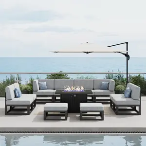 LayinSun Large Aluminum Patio Furniture Set with Fire Pit Table, 11 Pieces Modern Outdoor Conversation Set Sectional Metal Sofa Set with Olefin Cushion, Multiple Packages