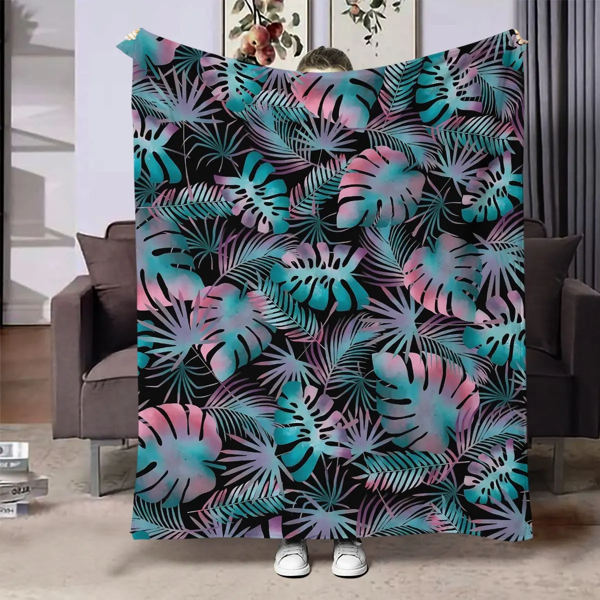 1pc Palm Leaf and Bamboo Design Blanket, Lightweight Throw Blanket, Perfect Gift for Bedroom Living Room Sofa, Decorative Throw for Couches, Lightweight Summer Blanket