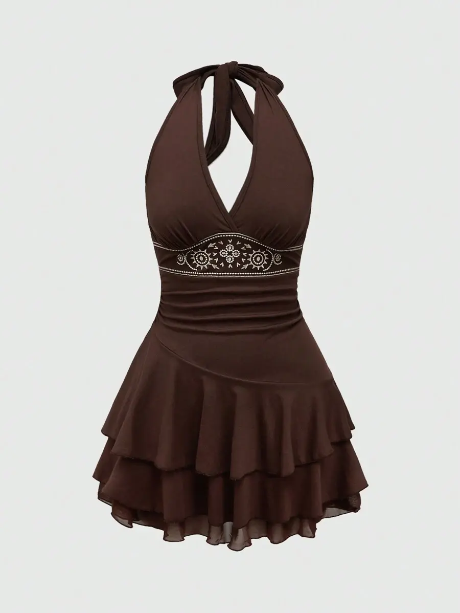 AREUM Hippie Sun Totem Embroidered Spaghetti Strap Layered Hem Short Dress For Women