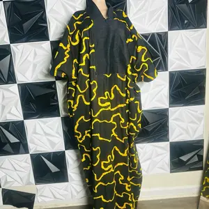 Ankara Bubu - Yellow and Black Patterned Dress with Long Sleeves and V-Neck