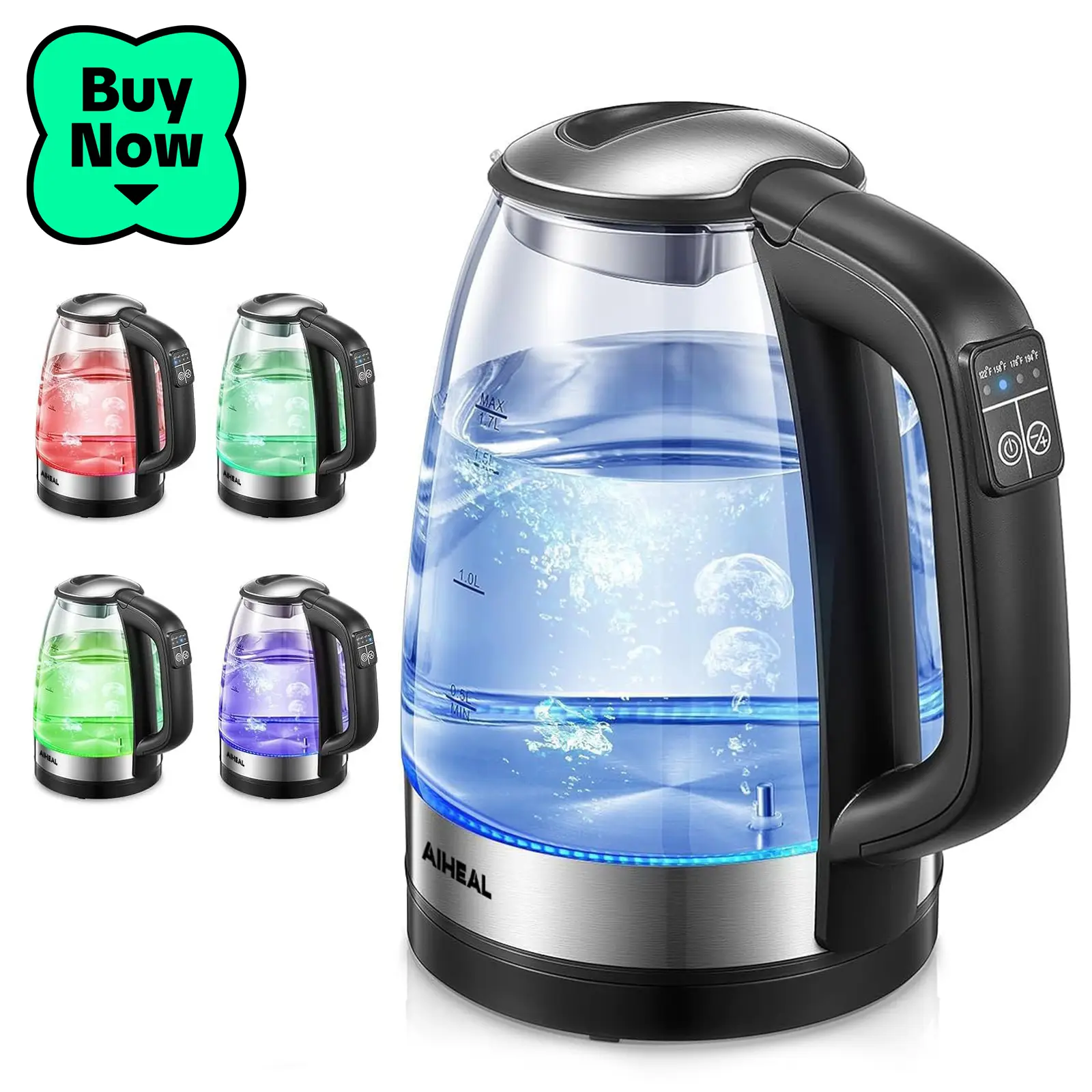Aiheal 1.7L 1500W Electric Kettle with Temperature Control & LED Lights Automatic Operation Borosilicate Glass Multifunction Household Appliances Heat