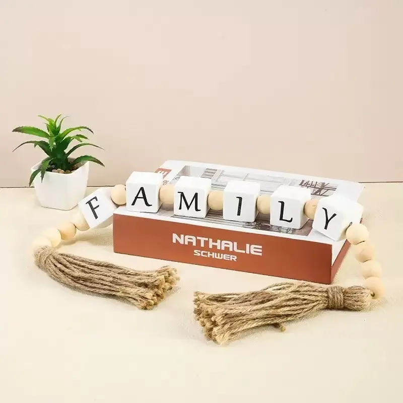 Farmhouse Home Decor Letter Block Wood Beads Tassel, Bohemian Wooden Bead Living Room Desktop Layered Tray Fireplace Stand Gift, Vintage Decor, Rustic Design, Wooden Letter Sign, Home Decor Products, Home Decor Accessories