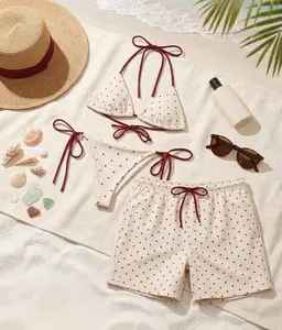 Red Polka Dot Matching Couples Swimwear Set, Women’s Triangle String Bikini & Men’s Mesh Swim Shorts, Romantic His Hers Beach Outfit, Summer Vacation Beachwear Gift