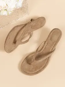 Vintage Solid Color Velour Soft Toe-Post High Heel Women's Sandals, Summer Fine Heel Versatile Outdoor Wear, Low Heel Comfortable Casual Vacation Footwear Shoes