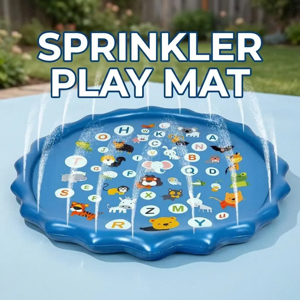Sprinkler Mat for Games, Inflatable Water Splash Pad with Alphabet Design and Cartoon Animals, Inflatable Structure, Outdoor Water Play Mat for Backyard and Lawn, Summer Water Toy Game Mat, Water Splash Fun