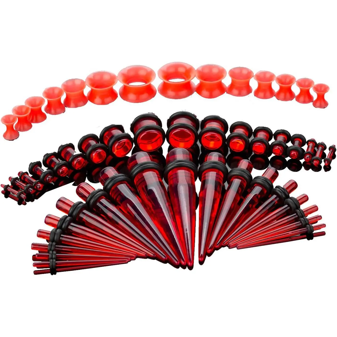 New 50-Piece Ear Gauges Stretching Kit, 14G-00G | Acrylic tapers and plugs with soft silicone tunnels, body piercing jewelry for women and men