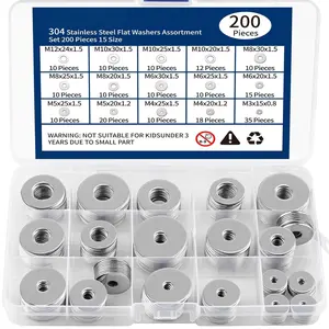 18-8(304) Stainless Steel Flat Washers for Screws and , 200 count Metal Washers Kit (15 Sizes M3-M12),  Large and Small Hardware Washers Set for  and Industrial Use