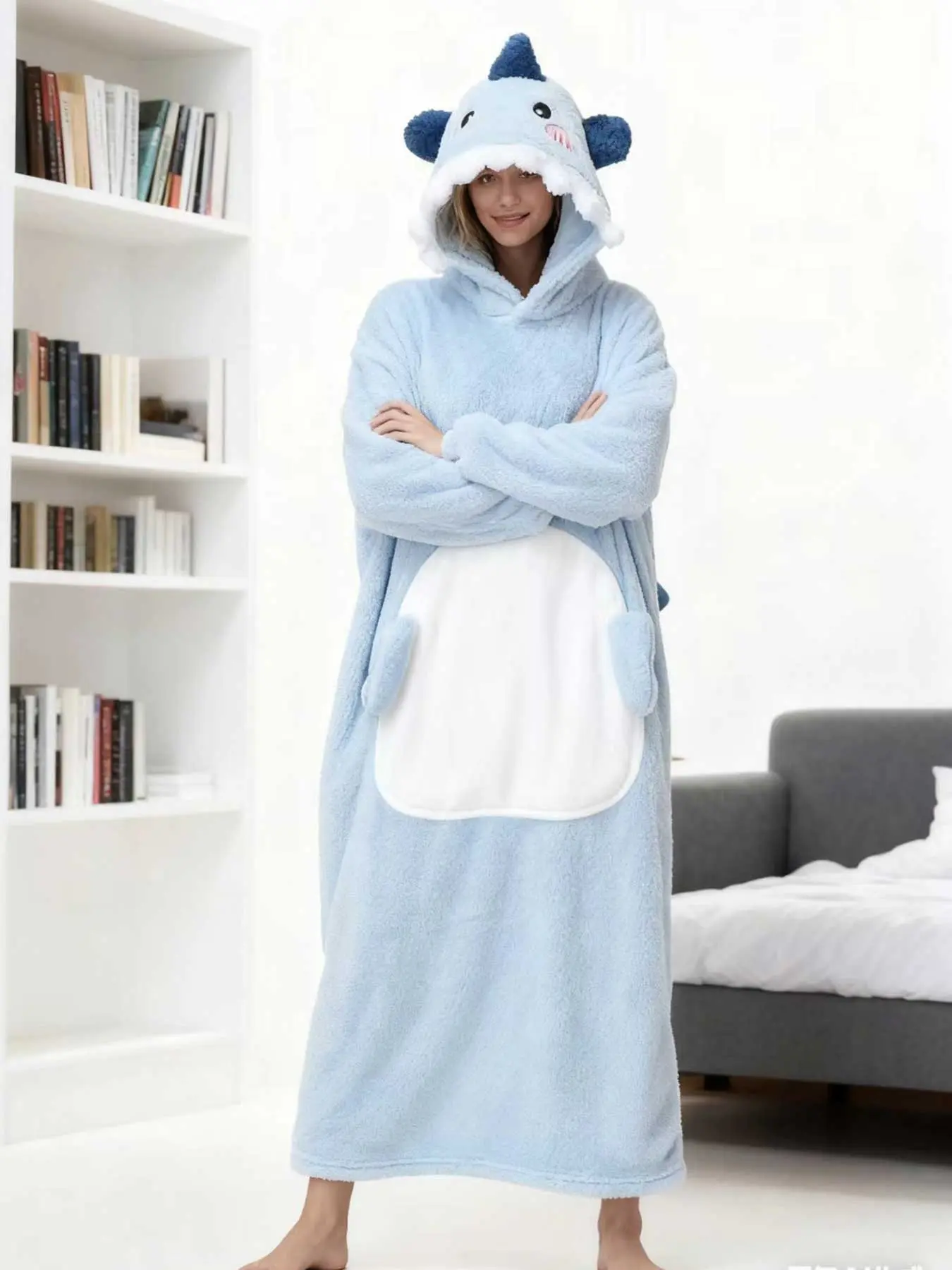Autumn Winter Fleece Thick Hooded Sleepwear Robe for Women, Large Plush Cartoon Cute Homeewear, Lazy Unisex Couple Blanket Coat