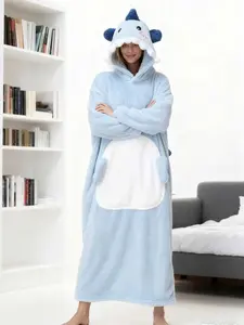 Autumn Winter Fleece Thick Hooded Sleepwear Dressing Gown Robe for Women, Large Plush Cartoon Cute Homeewear, Lazy Unisex Couple Blanket Coat