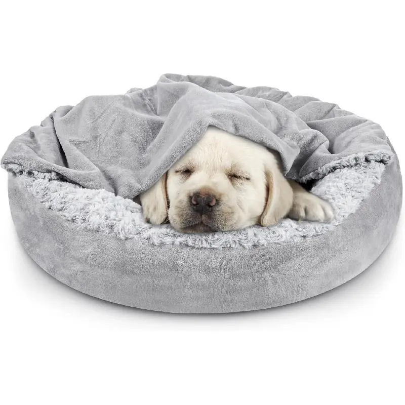 JOEJOY Small Dog Bed Cat Bed with Hooded Blanket, Cozy Cuddler Luxury Puppy Pet Bed, Donut Round Calming Anti-Anxiety Dog Burrow Cave Bed - Anti-Slip Bottom and Machine Washable 23 inch