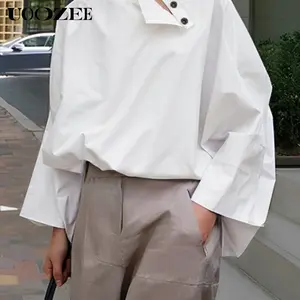 UOOZEE Women's Minimalist White Stand-Up Collar Loose Blouse - Basic Polyester Longsleeves Shirts with Asymmetrical Slanted Buttons, Bat Sleeves, Slimming Cut, Commuting Casual Wear