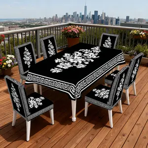 4/5/6/7pcs Floral Crest with Border Chair Cover And Tablecloth Set, Easy Maintenance & Setup, Great for Indoor Dining, Dining Chair Slipcover, Festive Decor, Picnics, Living Room, Gifting & All Seasons