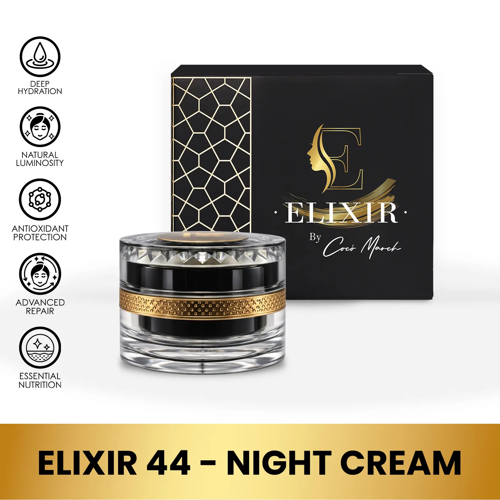 Elixir Night Cream by Cocó March – Luxurious Silk Anti-Aging Cream, Free Of Preservatives And Parabens. For All Skin Types, Moisture Retention And Repair with Over 40 Skin-Nourishing Nutrients – 1.8 fl oz.
