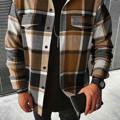 Men's Plaid Checked Button Front Shirt Jacket, Coastal Overshirt, Casual Button Up Fashion Classic Long Sleeve Outerwear, Casual Stylish Clothing, Perfect for Fall & Winter