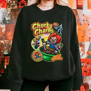 Chucky Charms Sweatshirt Hoodie Funny Horror Sweatshirt Featuring Killer Cereal Parody and Chucky Graphic Perfect for Halloween Scary Movie Fans and 90s Cartoon Lovers