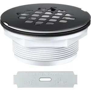 4-1/4" OD Shower Drain Assembly, Snap in Shower Base Drain and Matte Black Round Grid Strainer Cover, Fits 2 in. Schedule 40 ABS and PVC Pipes, Stainless Steel Cap, ABS Drain Base