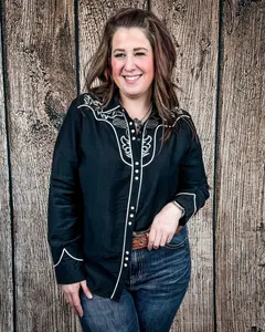 Women's Black Blackwood Pearl-Snap Cowboy Shirt, Embroidered Tops with Premium Fabric by Lucky and Blessed