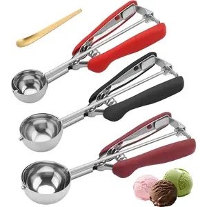Cookie Scoops for Baking Set of 3, 18/8 Stainless Steel Ice Cream Scoop, 1 Tbsp/2 Tbsp/3 Tbsp Cookie Dough Scoop, Red/Black/Burgundy Non-slip Grip, for Cookie Cupcake Muffin Ice Cream