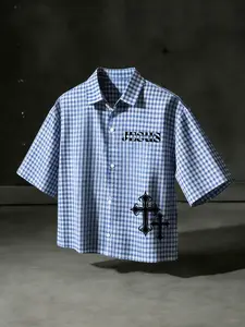 Men's Short Gingham Print Checkered Sleeveless Fitted Shirt, Fashion Casual Top for Daily Wear, Cross Letter Print, Trendy Design with Comfort