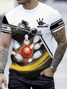 Men's Bowling Pattern T-Shirt, 3D Printed Short Sleeve Round Neck Casual Sportswear, Perfect Gift for Men, Bowling Accessories