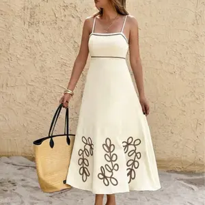 Elegant Beige Spaghetti Strap Dress with Embroidered Floral Detail for Women