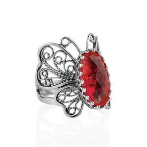 Filigree Art Ruby Gemstone Butterfly Design Women Silver Cocktail Ring