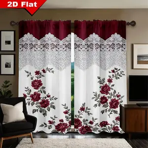 [2D flat] Curtain Fabric 2 Pieces Modern European Floral Curtains - Semi-Transparent Privacy Blackout Curtains, White Background with Burgundy Floral Pattern Curtains - Living Room, Bedroom Window Decorations, Home Decoration, Fashionable Curtains. Curtai