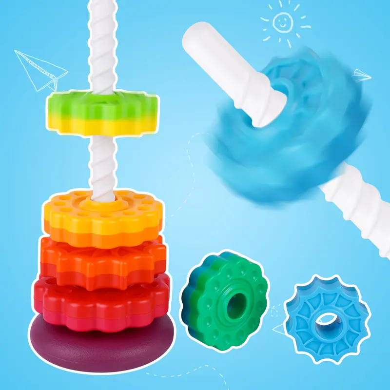 Attom Tech Rainbow Dual-Color Round Disc Hanoi Tower Construction Toy - BPA-Free ABS Plastic Unisex Early Education Learning Classic Spinning Top for 1-4 Years Old Boys, Colorful Kids Toy, 1x1x1 in