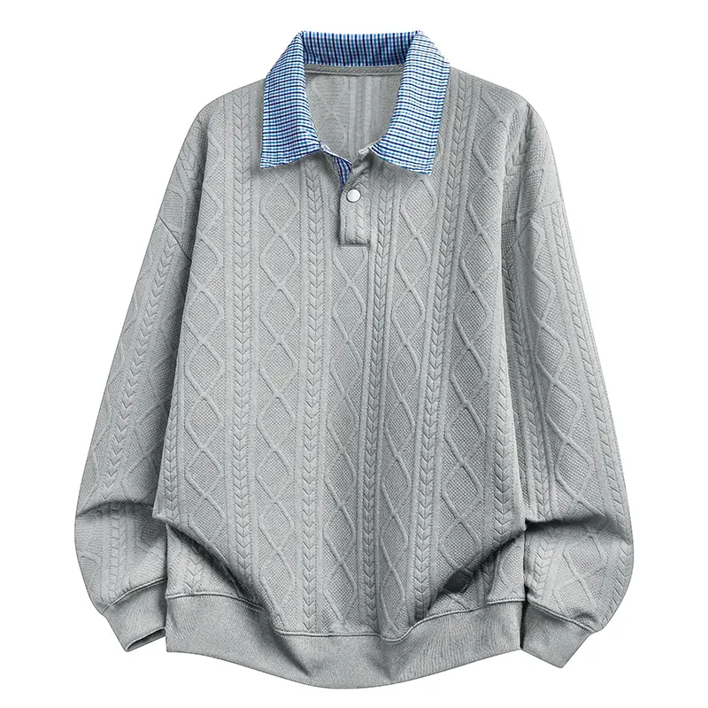 Men's Plaid Lapel Long-Sleeve Stretch Sweater - Baggy Loose-Fit, Spring & Autumn Stylish Casual Pullover for Daily Wear