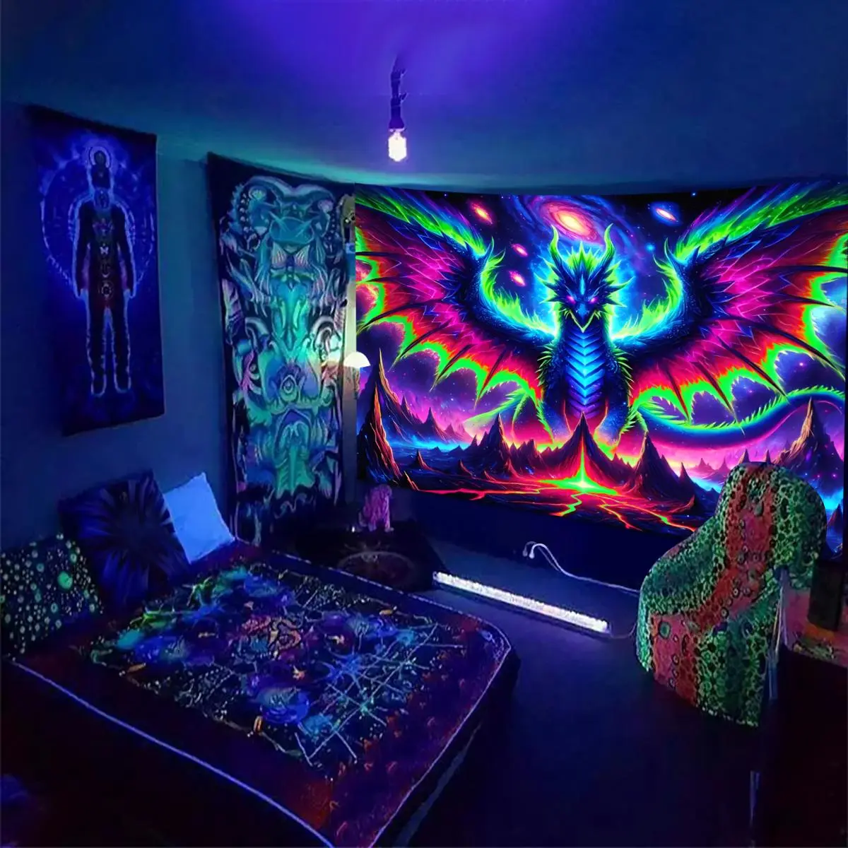 Dragon Pattern Tapestry,  Fantasy Dragon Wall Hanging, UV Reactive Black Light Tapestry,Wall Decor for Home Living Room Bedroom, Wall Tapestries