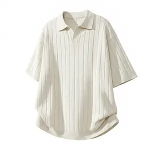 Heavyweight polo shirt with a turn-down collar; men’s spring short-sleeve solid-color loose-fit versatile knit top; vintage striped textured polo knit T-shirt; men’s summer breathable V-neck slim-fit short-sleeve T-shirt
