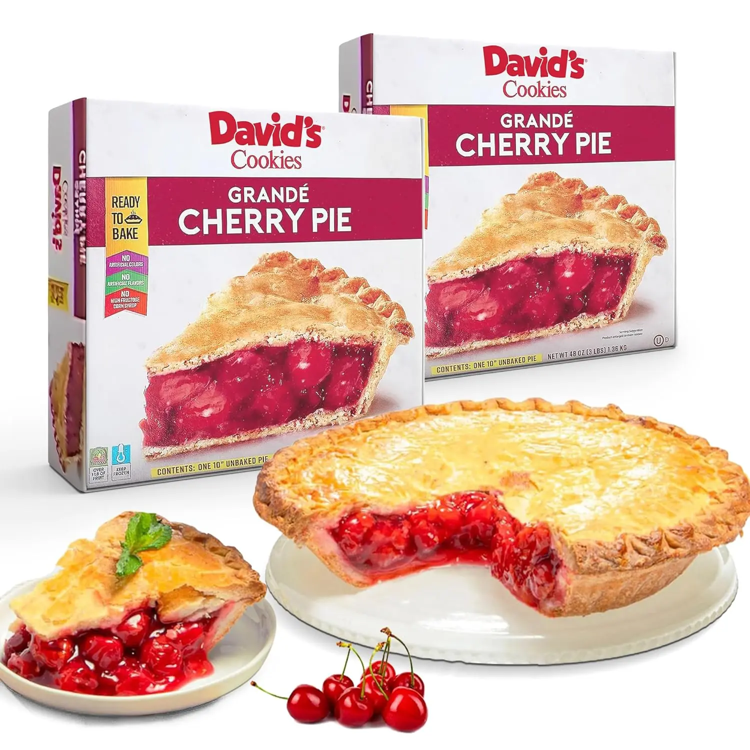 David's Cookies Ready To Bake Grandé Cherry Pie 10" 2-Pack - Classic Fruit Pies, Whole Tart Cherries - OU Kosher Dairy, Delicious Gourmet Dessert Gift Box for Valentine's Day, Birthday Celebrations