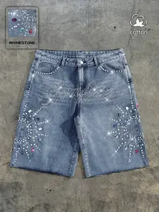 Men’s Summer Rhinestone Denim Bermuda Shorts Rhinestone  Jeans Low Rise Raw Hem Denim Shorts casual fashion jean