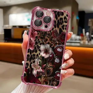 A Leopard Print Cherry Blossom Phone Case,Electroplated Cover with Airbag Shockproof Soft TPU Cover for iPhone X 11 12 13 14 15 16 17 Pro Max Plus Air