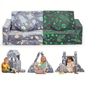 Kids Sofa Couch, 12pcs Modular Kids Play Couch Toddler Couch with Glow in The Dark Stars, Versatile Kids Couch for Playroom, Convertible Kids Sectional Sofa for Boys and Girls, Blue