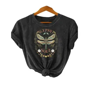 Retro Ethnic Dragonfly Print Women's Plus Size T-Shirt 100% Pure Cotton Bohemian Style Casual Top with Abstract Lines & Vintage Badge Frames Machine Washable Fabric Crewneck Aesthetic