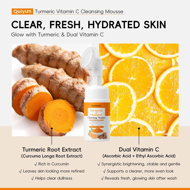 Quiyum Turmeric Vitamin C Cleansing Mousse with Massage Cleansing Brush, 1/2 pcs, Gentle Face Wash for Brightening Skin, Hydrating & Nourishing Formula