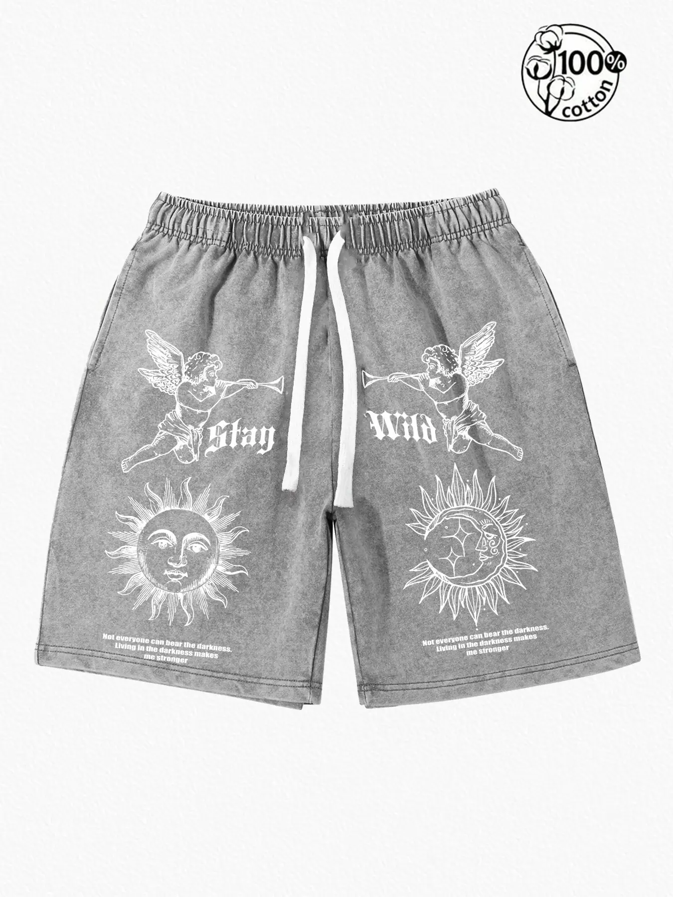 Unisex 100% Cotton Washed Grey "Stay Wild" Cherub Sun God Graphic Print Oversized Shorts | Y2K Dark Gothic Streetwear Baggy Shorts Casual Shorts Drawstring Shorts