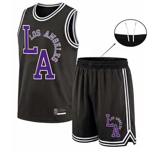 Men’s Sport La Los Angeles Mesh Basketball Jersey Set, Sleeveless Tank Top and Shorts 2 Piece Outfit, Lightweight Breathable Athletic Sportswear, Casual Summer Training Uniform for Gym, Streetwear, Running, Beach and Daily Wear