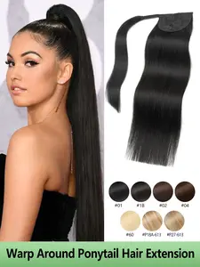 Warp Around Ponytail Hair Extension Real Human Hair, Natural human hair, soft and shiny, with 3 clips that won’t fall off easily. Velcro wraparound design, secure and easy to use, 13 layers breathable rose net, saving you time for a perfect hairstyle.