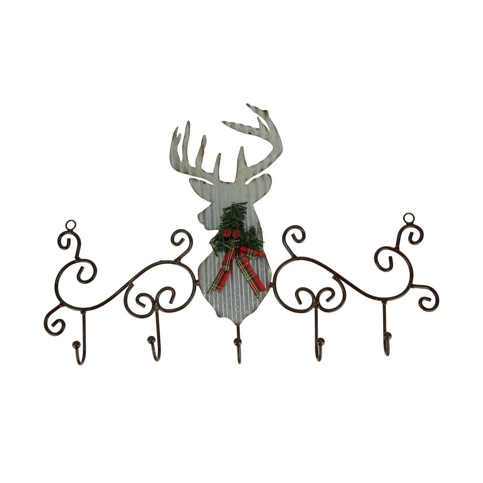 Metal Art Scroll Rustic Deer with Pine and Bow Wall Hook Rack
