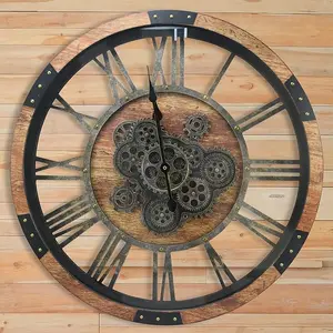 24" Large Wall Clock with Moving Gears,Oversize Vintage Industrial Rustic Farmhouse Clocks for Living Room Decor Office Home,Solid Wood HD Tempered Glass Cover,Brown