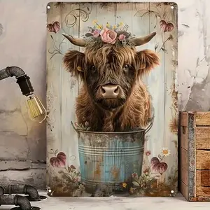1PC 2D Flat Charming Retro Highland Cow and Floral Metal Tin Sign - Country Farmhouse Vintage Wall Art, Cute Cow Design, 20.32x 30.48cm, Easy to Hang, Iron Structure, Garden Decoration, Suitable for Home, Garage or Outdoor Space