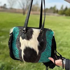 Turquoise Tooled Fringe Cowhide Tote