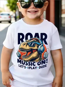 Cool Dinosaur Headphones Sunglasses T-Shirt for Boys, Fun 'roar Music On' Slogan, Relaxed Fit, Perfect for Music Parties and Outings