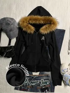 Women's Fleece-Lined Hoodie Jacket, Loose Fit Long Sleeve, Winter Warm Home Wear, Casual College Style, Skull Graphic Print Design