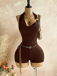 VRONA Brown Draped Collar Metal Accent Mini Romper Party Apparel Mob Wife Vibe